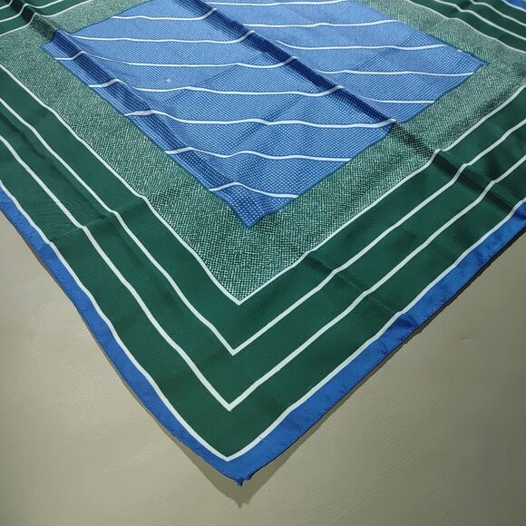 Silk Scarf Handkerchief Vintage Green Blue Striped Polka Dot - Picture 7 of 12